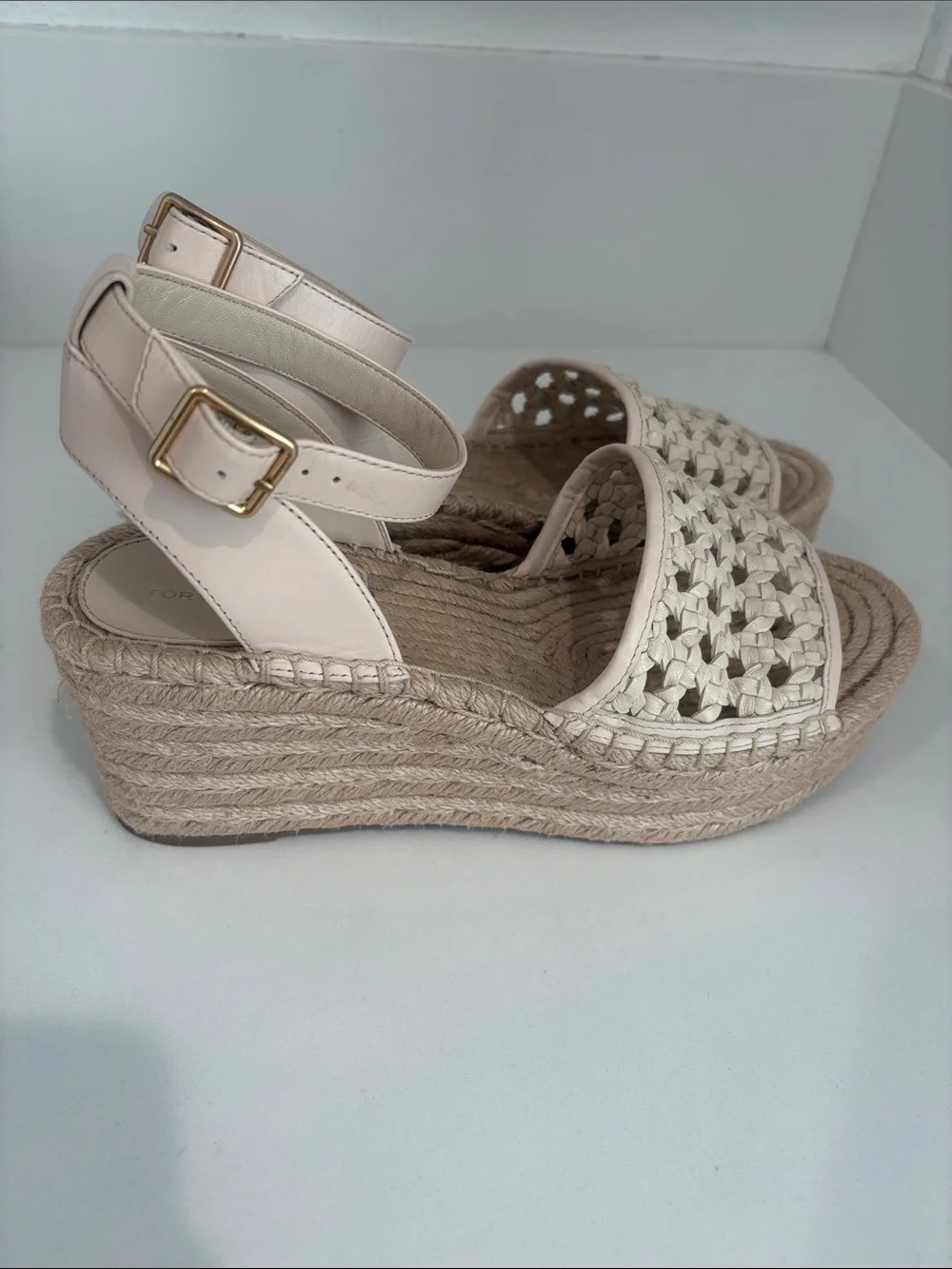 Tory Burch Woven Espadrille Platform Sandals in Ivory Leather Size 8